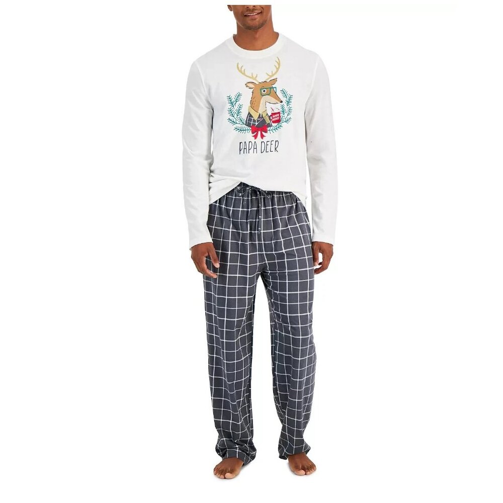 Family Pajamas Men's 2-Piece Pajama Set, Papa Deer Gray Plaid, Small